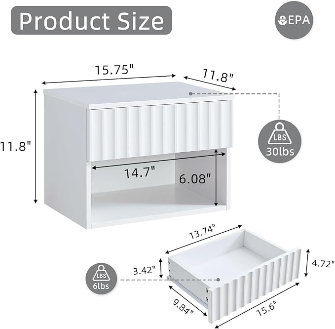 Floating Nightstand with Fluted Drawer - Modern Wall Mounted Bedside Table with Open Storage Shelf, Small Night Stand TV Stand for Bedroom(Matte White)