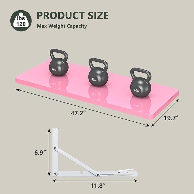 Clikuutory Wall Mounted High Gloss Folding Table, Wall Desk Fold Down for Small Spaces, Folding Workbench for Laundry Room, Home Office, Kitchen, Bedroom, Home Bar, Pink (47.2"×19.7")