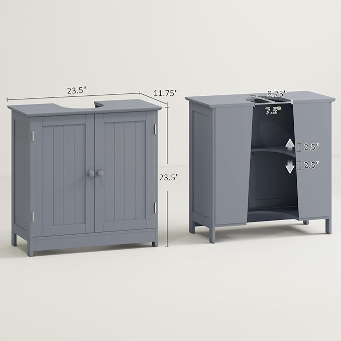 HOMCOM Under Sink Bathroom Cabinet with 2 Doors and Shelf, Pedestal Sink Bathroom Vanity Cabinet, Gray