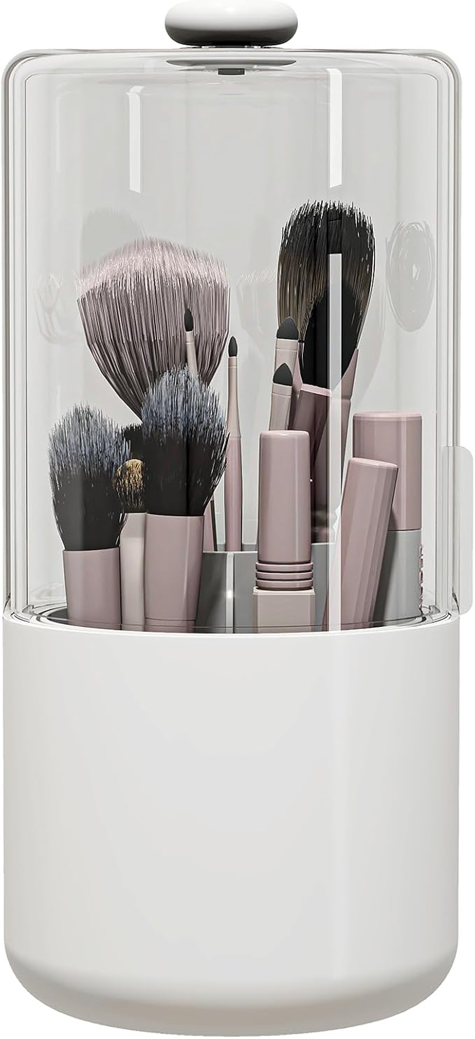 Makeup Brush Holder with Dustproof Cover, Clear 360 Rotating Make Up Brushes Organizer for Counter Vanity Bathroom, White