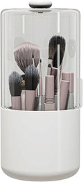 Makeup Brush Holder with Dustproof Cover, Clear 360 Rotating Make Up Brushes Organizer for Counter Vanity Bathroom, White