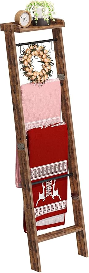 Blanket Ladder Shelf, Decorative Quilt Rack,6-Tier Farmhouse Ladder Holder Organizer with 4 Removable Hooks, Rustic Brown BR35801B