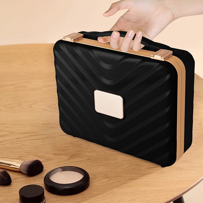 Portable Makeup Box, 11.42 * 3.54 * 8.66 In Travel Makeup Train Cases Cosmetic Organizer Portable Make Up Storage Box with Led Mirror for Makeup Artists Hair Stylists Nail Technicians (Black)