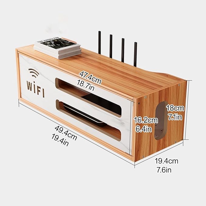 Wall Mount WiFi Router Box, WiFi Router Storage Cabinet, Power Strip and Cable Management Hider Rack, Invisible Storage, for Living Room, Office, Bedroom(Brown)