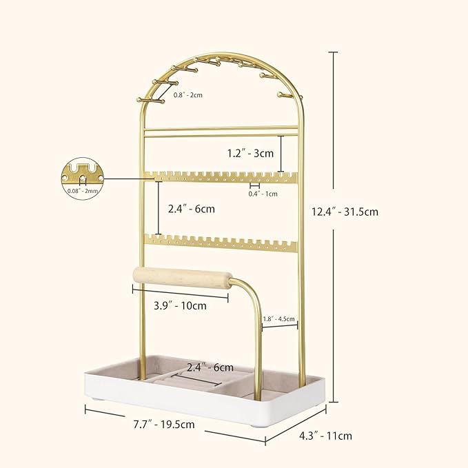Multi-Functional Jewelry Holder Organizer Necklace Display Stand Velvet Lined Bar for Rings 2 Tier with 18 Hooks, 32 Earring Holes - Sturdy and Durable, Easy Organization White & Gold