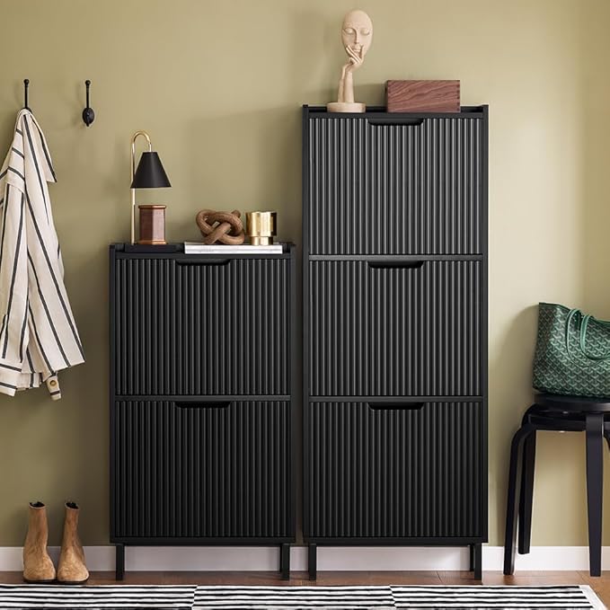 SoBuy Shoe Cabinet, Narrow Shoe Storage Organizer for Entryway, Thin Free Standing Shoe Rack Porch Front Door 3 Drawers, Black FSR177-H-SCH