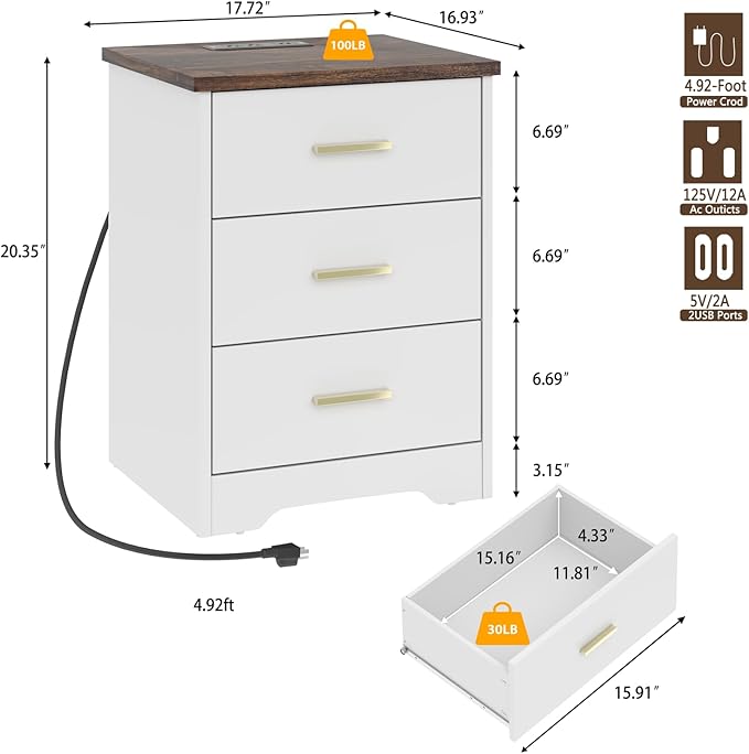 LIDYUK Dresser for Bedroom, Wood Dresser with 3 Drawers, Modern Minimalist Dressers & Chest of Drawers, 21 Inches Tall Side Table Nightstand with Charging Station, for Bedroom, Living Room, White