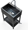 26" Freestanding Stainless Steel Utility Sink, Single Bowl Kitchen Sinks w/Storage Shelve, Black Heavy Duty Sinks with Cold & Hot Water Pipe for Commercial Laundry Room Farmhouse, 12-Gallon Basin