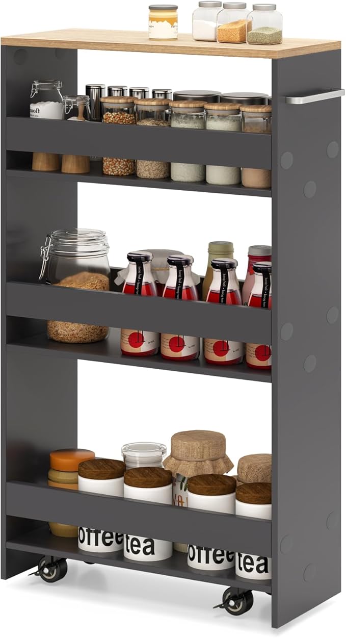 Slim Rolling Storage Cart, 4 Tier Narrow Kitchen Cart with Wheels, Between Washer and Dryer Cart, Wood Shelving Unit Organizer w/Handle for Small Spaces (Grey & Natural, 8-Inch)