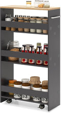 Slim Rolling Storage Cart, 4 Tier Narrow Kitchen Cart with Wheels, Between Washer and Dryer Cart, Wood Shelving Unit Organizer w/Handle for Small Spaces (Grey & Natural, 8-Inch)