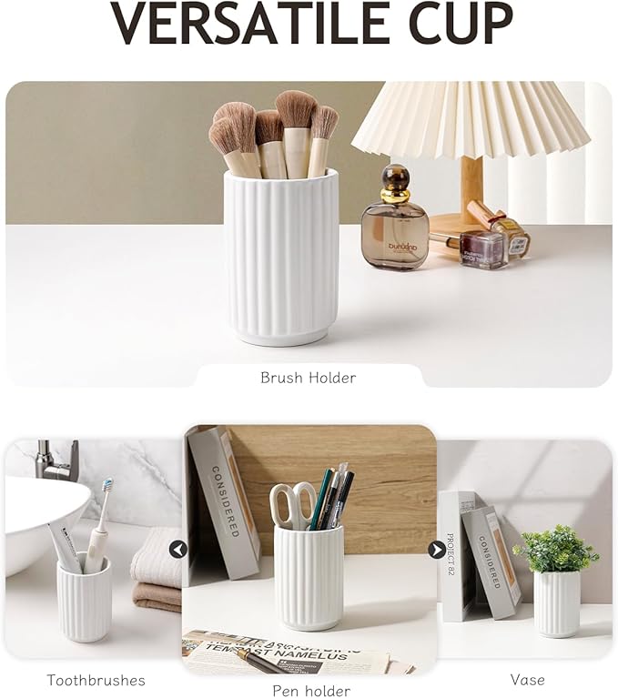 Toothbrush Holder, Tooth Brush Holder for Bathroom - Ceramic Toothbrush Cup Toothbrush Holders Countertop, Stripe Design Makeup Brush Holder Pen Holder, ANTIS'S HOME (White)