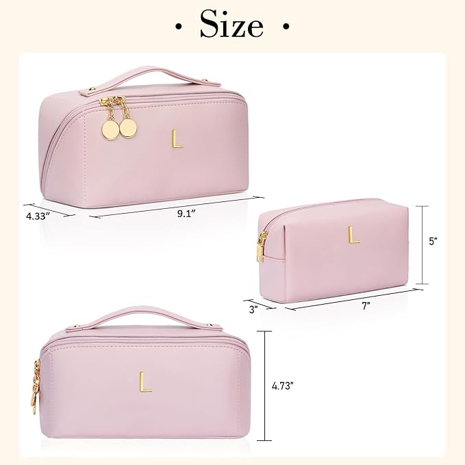 Birthday Gifts for Women Teen Girl, Personalized Initial Makeup Organizer Bag Set, Open Flat Travel Cosmetic Bag With Clear Divider and Handle(Pink,L)