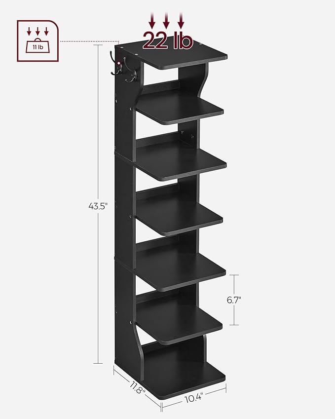 VASAGLE 7-Tier Vertical Shoe Rack, Narrow Shoe Storage Organizer with Hooks, Slim Corner Tower Shelf, Space-Saving for Entryway and Bedroom, Black ULBS200T16