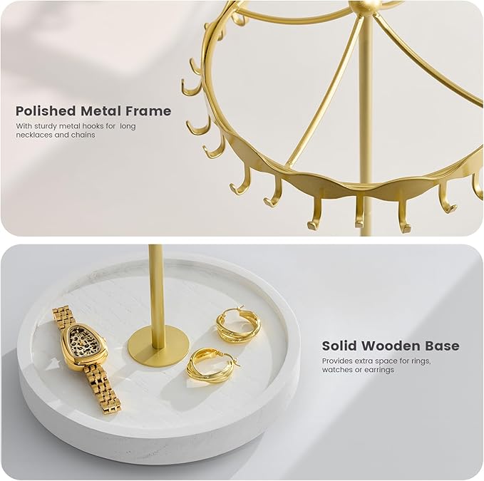 Lolalet Rotating Necklace Holder Stand with Metal Hooks, Spinning Display Carousels, Freestanding Organizer Hanger, for Long Necklaces Chains -Gold