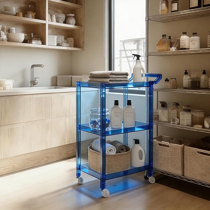 Acrylic Utility Rolling Cart, 3-Tier Clear Acrylic Storage Cart with Pulling Handle & 4 Wheels for Kitchen Living Room Dining Bathroom Laundry, Multifunction Serving Trolley for Small Spaces (Blue)