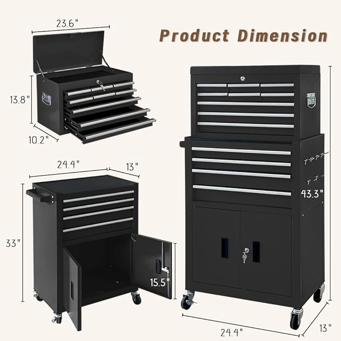 13-Drawer Double Doors Handle Rolling Tool Chest, 2 in 1 Detachable Rolling Tool Chests, Large Tool Boxes with Lock, Metal Standing Tool Cabinet for Garage Workshop(Black)