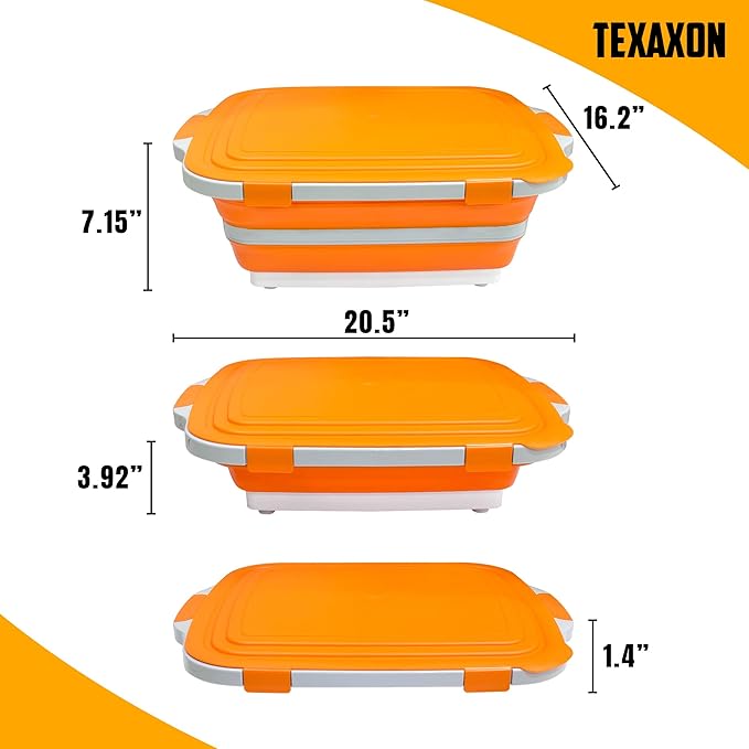 8L/16L BBQ Prep Tub with Cutting Board, Lid & Complimentary Mitts/Gloves – Collapsible Bucket for BBQ, Marinade, Picnic, Camping, Meat Prep – Orange/Black (Orange, X-Large Lid Lock)