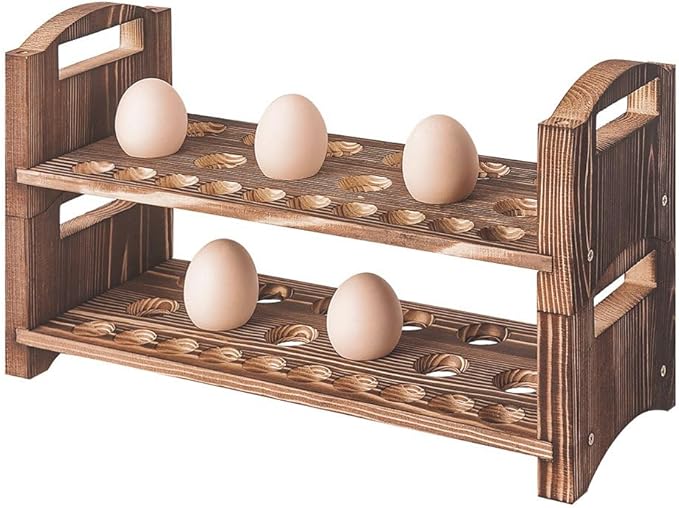 Wooden Egg Holder 2 Layer Rack Holders Countertop Stackable Quail Egg Sorter Storage Trays Organizer Display Stand Kitchen Rack Fits Duck, Turkey, Chicken Eggs,up to 36 Eggs, 2 Tier-Brown