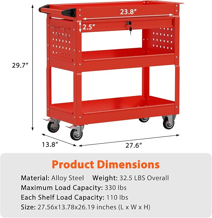 3 Tier Rolling Tool Cart with Drawers, Heavy Duty Utility Cart on Wheels, Large Storage Capability Service Cart for Garage, Warehouse and Repair Shop (Red)