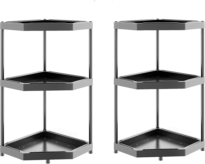 Kitchen Corner Shelf Countertop 3 Tier Bathroom Counter Organizer Cabinet Corner Storage Shelf Spice Rack Makeup Organizer Under Sink Black 2pack