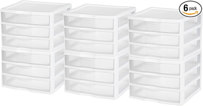 Sterilite 6-Pack Wide 3 Drawer Unit, Plastic Desktop Organizer with Clear Drawers, White Frame - Stackable Multi-Purpose Storage for Office Supplies, Craft Rooms, Classrooms and Home Organization
