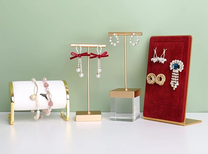 GemeShou 2pcs metal earring holder, Gold T bar earring display stand, mini hangers for earrings Jewelry Photography, earring storage organizer【Gold-Square Base 2pcs Height 4.3 and 5.1 inch】