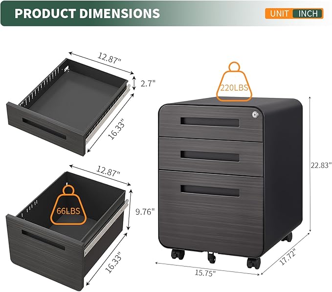 3 Drawer Mobile File Cabinet Under Desk with Lock,Metal Small Rolling Filing Cabinet Storage for Home Office,Steel Cabinets on Wheels, Fully Assembled, Gray Wood Grain