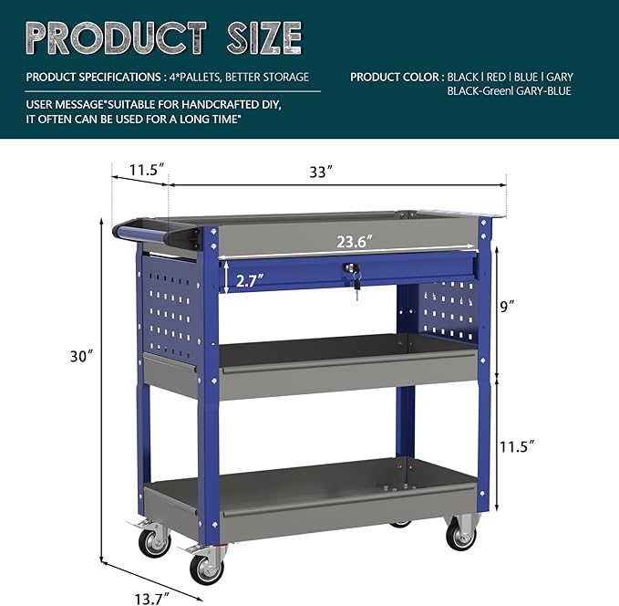 3 Tier Rolling Tool Cart on Wheels with Locking Drawer - Metal Service Cart Industrial Utility Cart for Mechanic - 350 LBS Mobile Storage Organizer for Garage. (Gray-Blue)