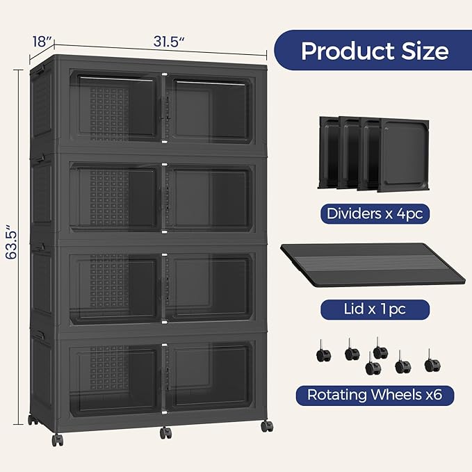 200Gal Stackable Storage Bins with Lid, 800Qt Extra Large Collapsible Storage Box with Wheels, Dividers, Folding Plastic Cabinet Closet Organizers for Home Kitchen Office Dorm, 4Pack Black