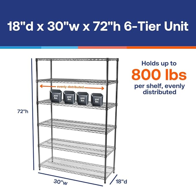 Shelving Inc. 18" d x 30" w x 72" h Chrome Wire Shelving with 6 Tier Shelves, Weight Capacity 800lbs Per Shelf