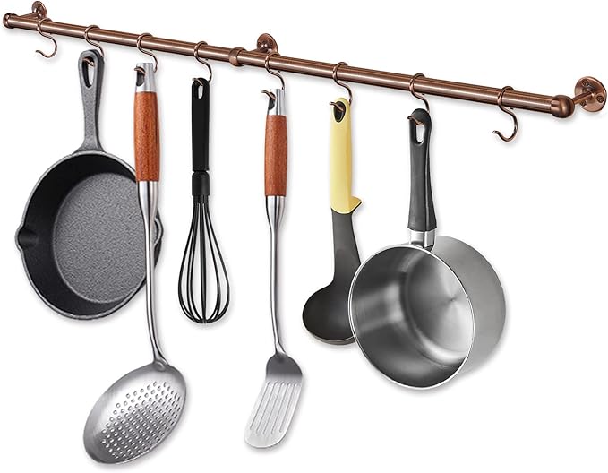 ROTHLEY 39.4 Inch Stainless Steel Wall Mounted Hanging Pot and Pan Rack with Adjustable S Hooks, Antique Copper