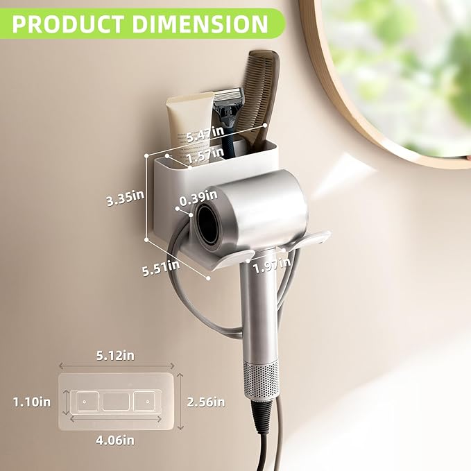 Dyson Hair Dryer Holder - Universal Wall Mount Blow Dryer Holder with Strong Self Adhesive, Plug&Cord Organizer Rack for Bathroom, Vanity, Cabinet, White