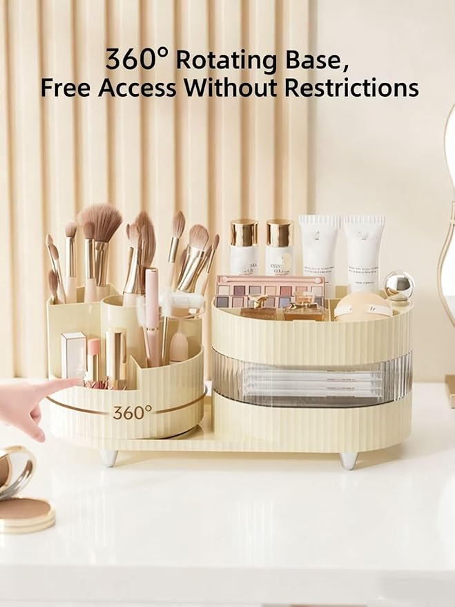 360° Rotating Cosmetic Organizer,3-Layer Display Cabinet With Brush Holder And Drawer,12 x 11 x 4 inches(Cream White)