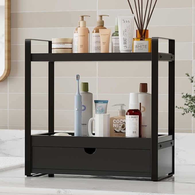 2-Tier Bathroom Organizer Countertop with Drawer, Wood Bathroom Counter Shelf for Storage, Vanity Organizer Countertop for Kitchen, Office