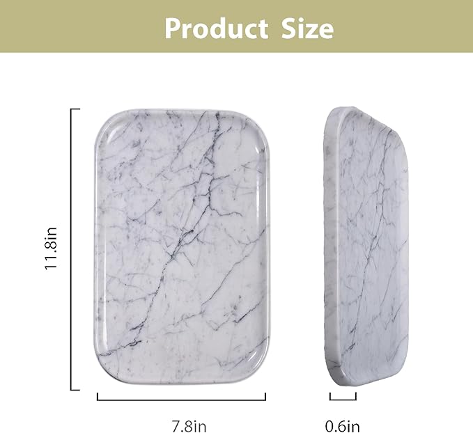 Carrara White Marble Bathroom Vanity Tray | Natural Stone Decorative Organizer | Multi-Use for Vanity, Spa, Kitchen, Bedroom | Waterproof & Non-Slip Design,11.8"x7.8"x0.6"