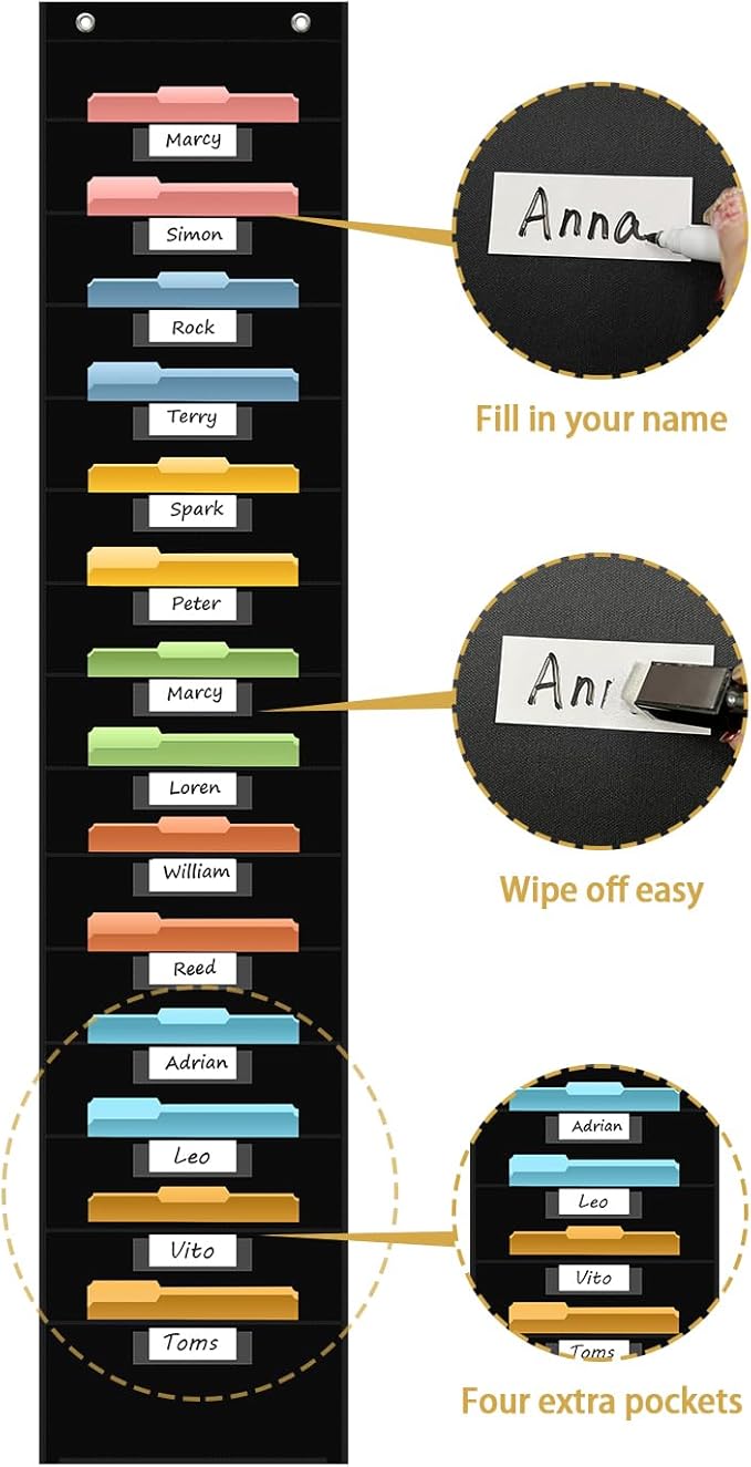 14 Pocket Hanging File Organizer with 14 Nametag Pockets. Black File Storage Pocket Chart for Classroom or Office Use. Perfectly Organizes Assignments, Files, Scrapbooks, and Documents.