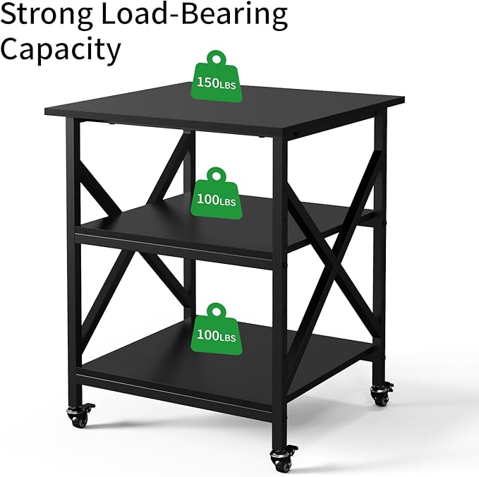 Ollieroo 3 Tier Printer Stand, Large Table with Wheels, Rolling Cart with Height Adjustable Middle Storage Shelf, 23.6 x 23.6 x 30.3 Inches Shelf for Home Office, Black