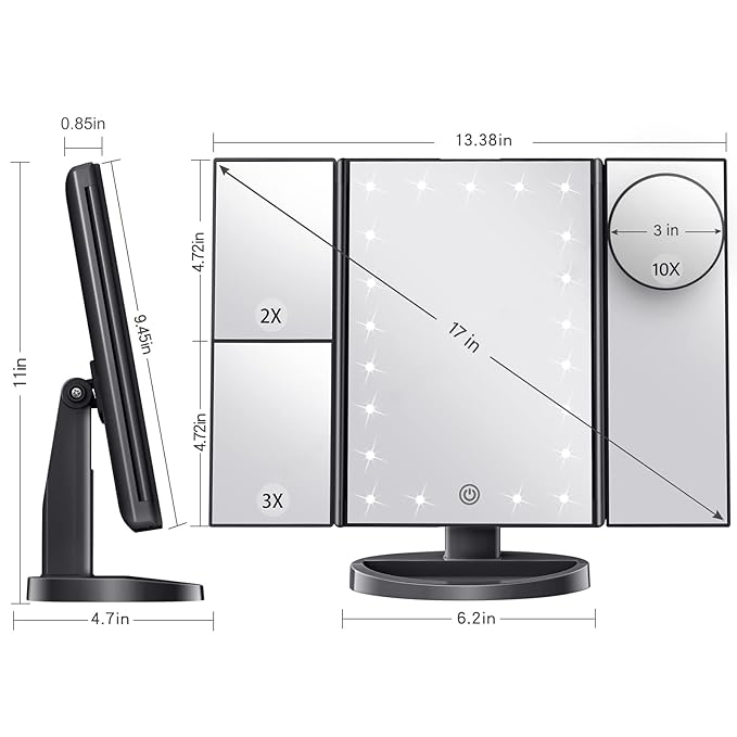 HUONUL Makeup Mirror Vanity with Lights, 2X 3X 10X Magnification, Touch Control, Trifold Mirror, Dual Power Supply, Gifts for Women, Wife, Mom, Teengirls(Black)
