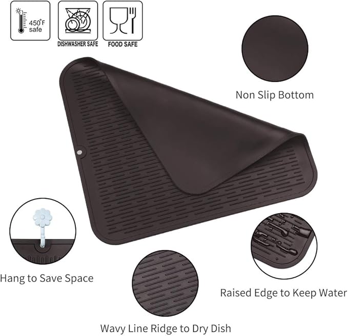 Silicone Dish Drying Mat for Multiple Usage,Easy clean,Eco-friendly,Heat-resistant Silicone Mat for Kitchen Counter or Sink,Refrigerator or Drawer Liner Coffee 2XL 24 inches x 18 inches