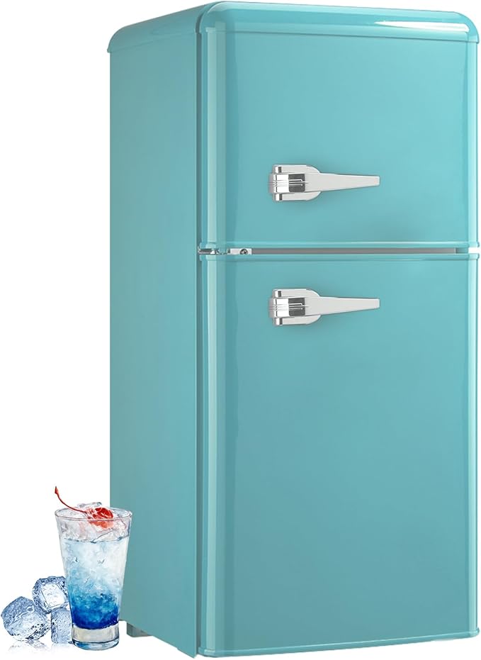Retro Mini Fridge 3.5 Cu. Ft. Apartment Size Refrigerator with Freezer, 7-Level Adjustable Thermostat Small Retro Refrigerator with Freezer 2-Door Vintage Compact Fridge for Dorm Office RV, Mint Blue