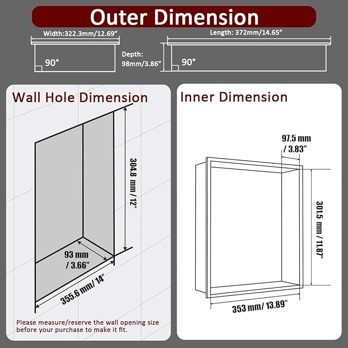 JQK Shower Niche No Tile Need, 12"×14" Brushed Nickel Bathroom Insert Shelf, 304 Stainless Steel Recessed Shower Caddy Organizer Storage, SNL1214-BN