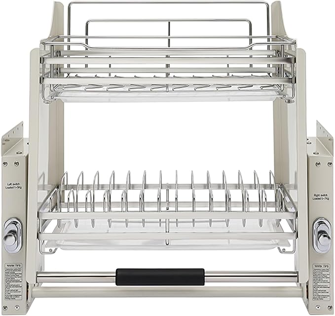 DYRABREST Pull Down Cabinet Organizer, Stainless Steel 2-Tier Pull-Out Kitchen Cabinet Storage Shelf with Buffered Motion, Heavy Duty Lift System for Plates Spices Dishes