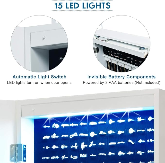 Giantex Jewelry Armoire Cabinet Wall Mounted Door Hanging, Lockable Jewelry Cabinet with Full Length Mirror, 15 LED Lights, Large Storage Jewelry Box Organizers with 2 Drawers (14.5"W x 4"D x 47.5"H)