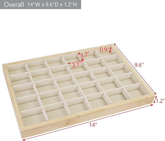 MOOCA 2 Pcs Set Bamboo Jewelry Display Tray Organizer with 30 Compartments for Rings, Earrings, Jewelry, Accessories, and Collectibles items, Oak Color,14" W x 9.6" D x 1.2" H