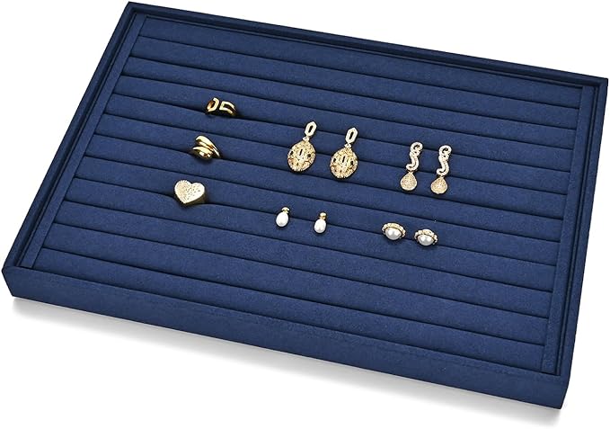 7 Slots Microfiber Jewelry Tray, Ring Display Earring Display Tray, Ring Earrings Studs Tray Showcase Display Jewelry Organizer (Blue)