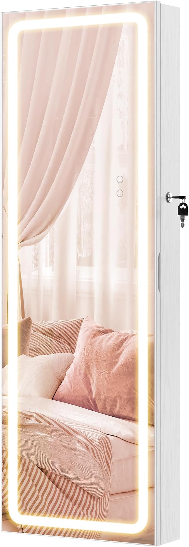 SONGMICS LED Mirror Jewelry Cabinet Armoire, Wall or Door Mounted Jewelry Storage Organizer, Hanging Lockable Frameless Mirror Cabinet with 2 Plastic Cosmetic Organizers, Christmas Gift Idea, White