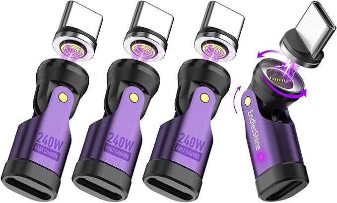 USB C Magnetic Adapter 240W, Can Be Type-C Cord Into Right Angle Magnetic USB C Charging Cable, Magnet Charger USBC 90 Degree Adapter 180 OTG Tips for iPhone 17/16/15 Tablet(4 Pack Purple)