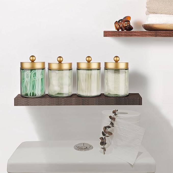 Amolliar Sage Green Glass Apothecary Jar, Qtip Holder Metal Lid & Stickers, Bathroom Qtip Holder Storage Canister, Farmhouse Decor for Cotton Balls, Swabs, Round Pads, Bath Salt, Floss, Gold 1 Pack