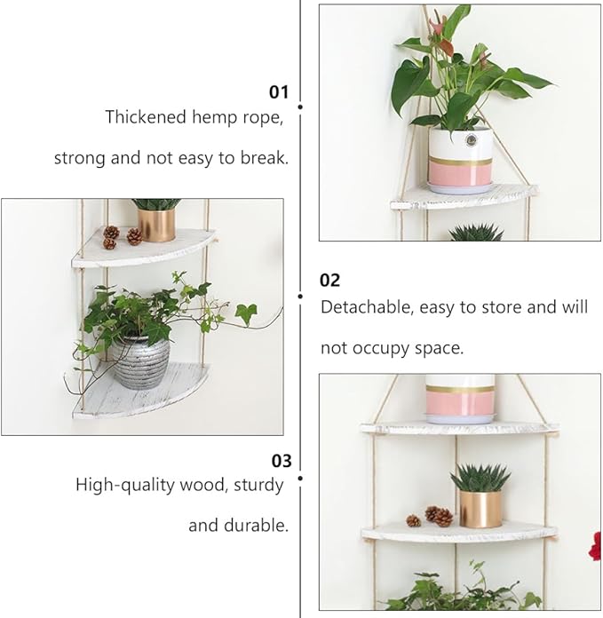 BESPORTBLE Nordic Style Fan-Shaped Wall Corner Rack with Detachable Wooden Shelves and Rope Design Space-Saving Floating Storage Shelf for Plants Crafts Photos in Bedroom Living Office