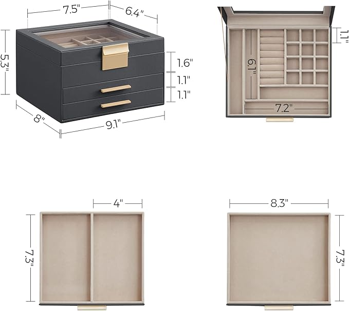 SONGMICS Jewelry Box Organizer with Glass Lid, 3-Layer Jewelry Storage, with 2 Drawers, Modern Style, Christmas Gift, 8 x 9.1 x 5.3 Inches, Interstellar Gray and Gold Color UJBC239G02